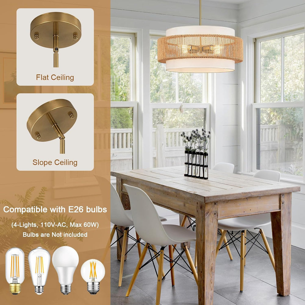 4-Light Rattan Chandelier for Dining Room, 19.7" Boho Pendant Light Fixture