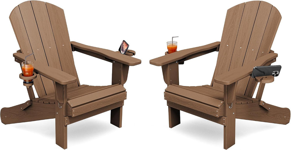 KINGYES Folding Adirondack Chair Set of 2 with 2 Cup Holders, Brown