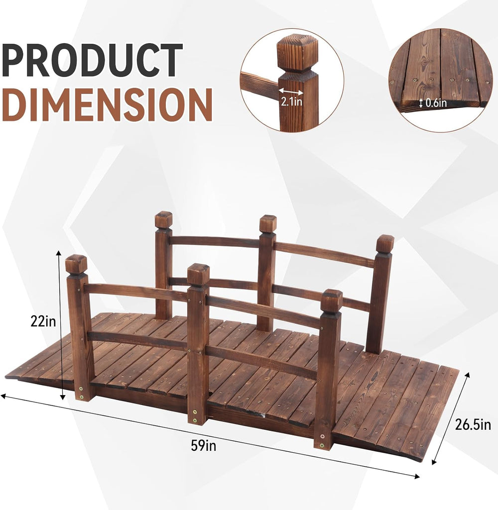 Outvita 5FT Stained Wooden Garden Footbridge with Safety Railings
