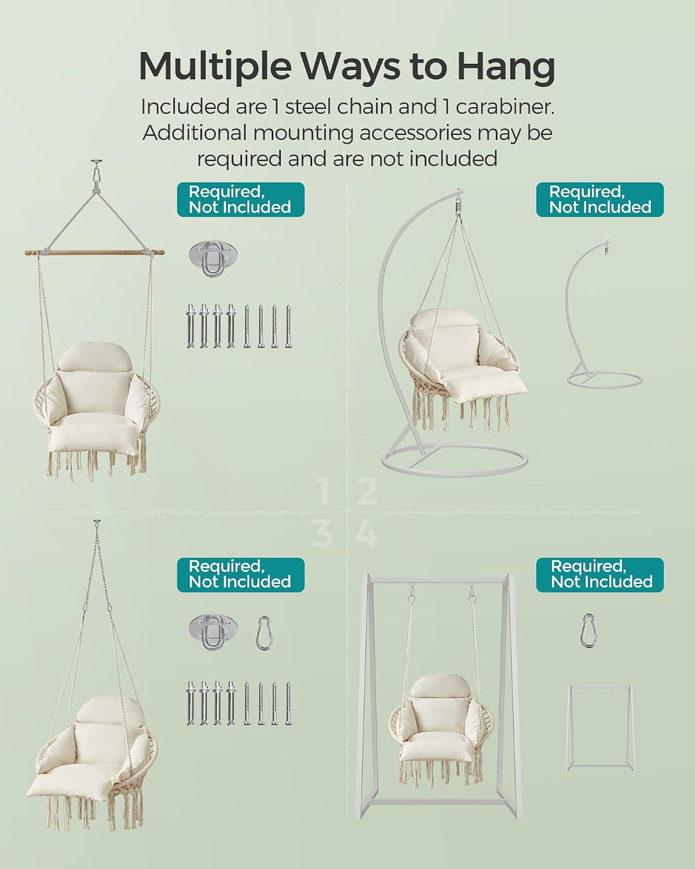 SONGMICS Hanging Chair, Boho Swing Chair with Large, Thick Cushion