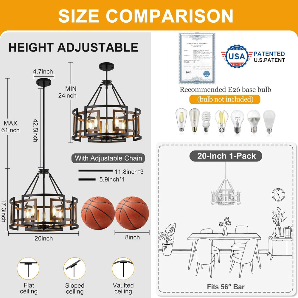 20" Dining Room Light Fixture/Chandelier Over Table, 5-Light Black &...