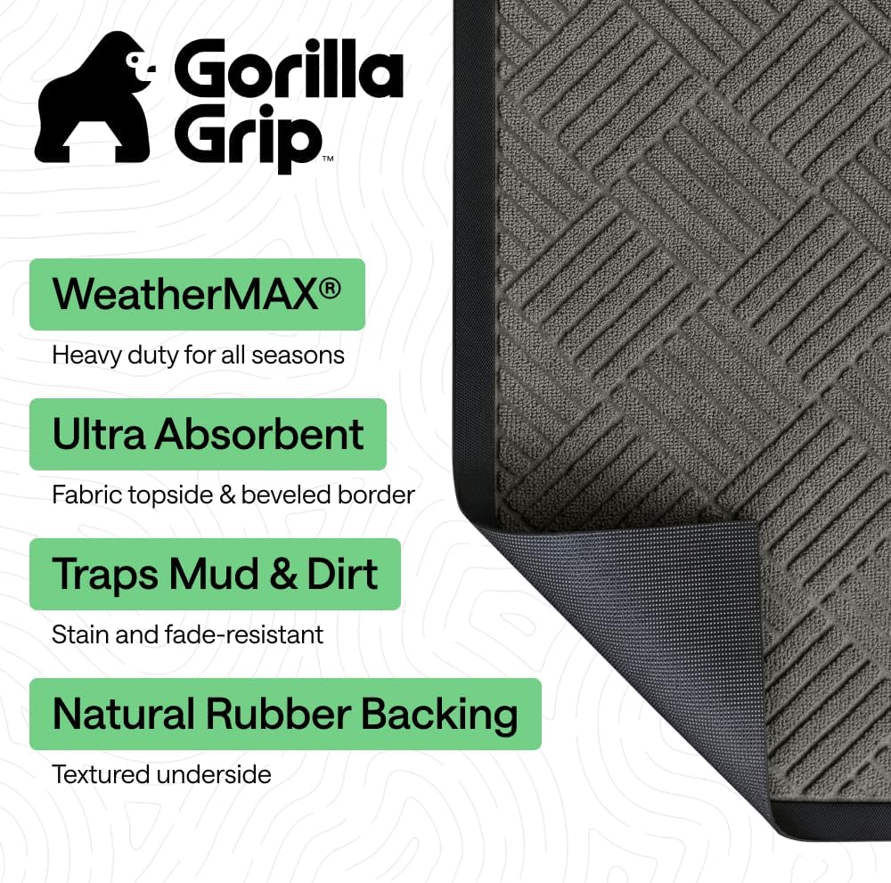 GORILLA GRIP WeatherMAX Door Mat, Indoor Outdoor Use, 35x23, Gray Diamond