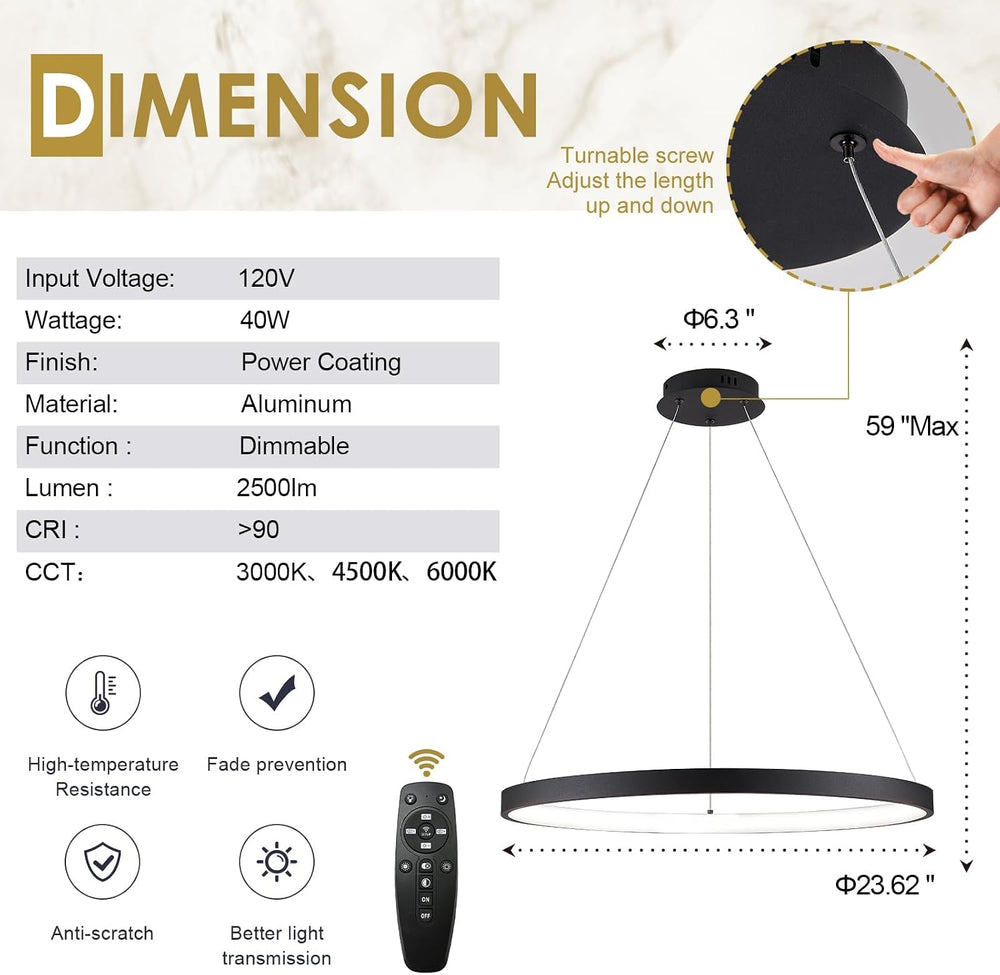 Modern LED Pendant Light Black Ring Chandelier 24" Dimmable Flush Mount ...