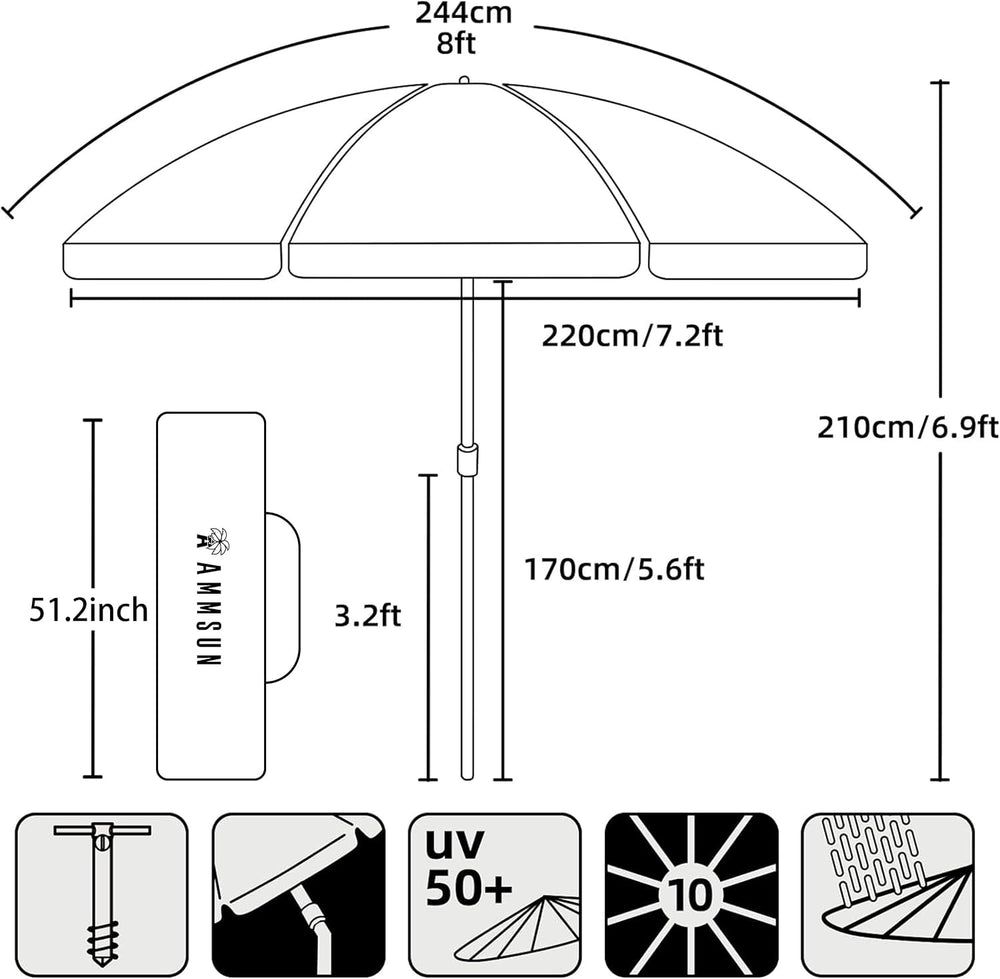 AMMSUN 8 Feet Large Beach Umbrella with Sand Anchor Heavy Duty High Wind Port...