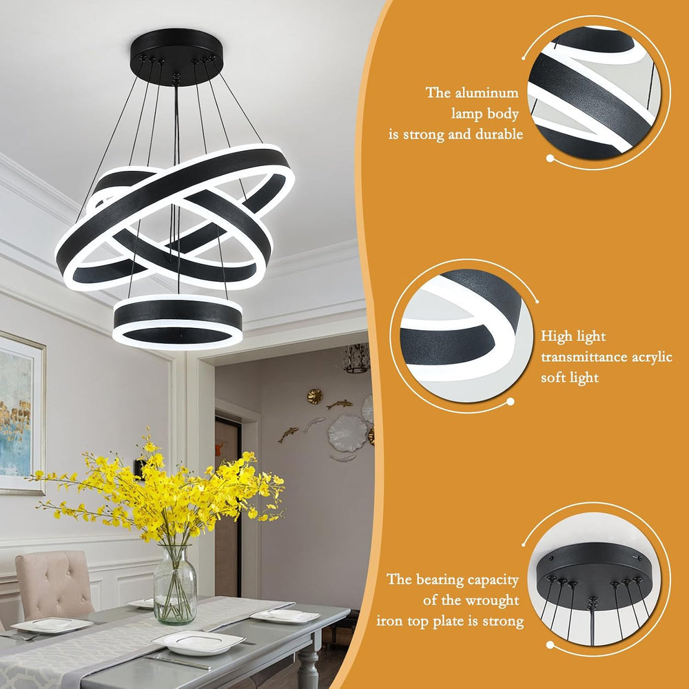 O'NEELDY Modern LED Chandeliers Adjustable Hanging Black Pendant Light Fi...