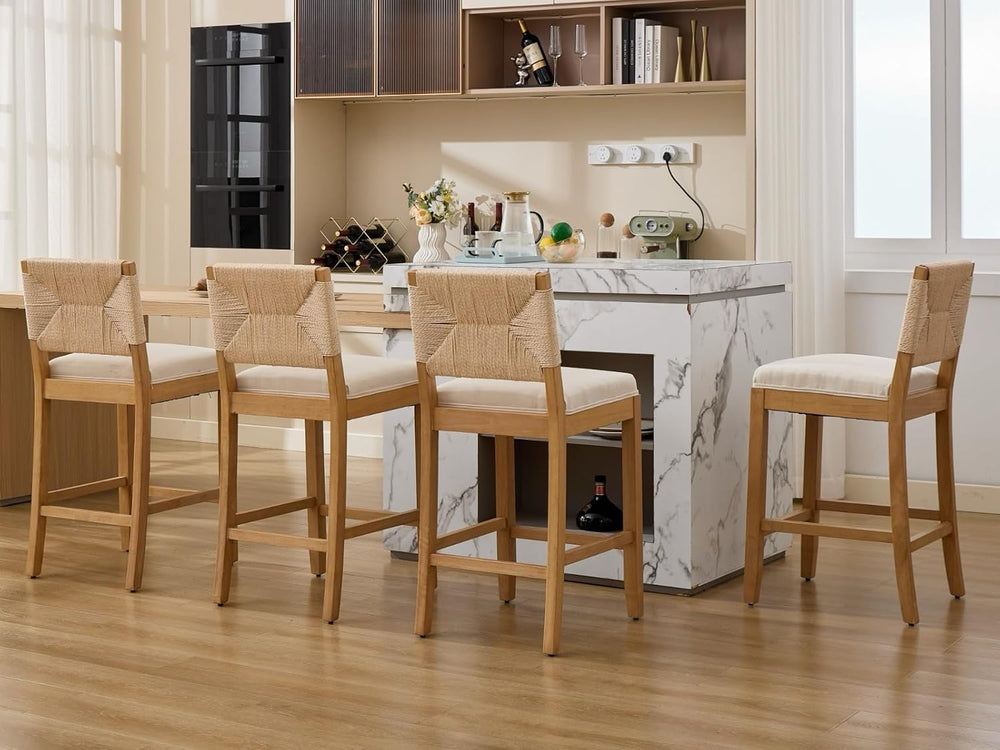 Boho Bar Stools Set of 6, Natural Wood Counter Height Stools, Beige Upholster...