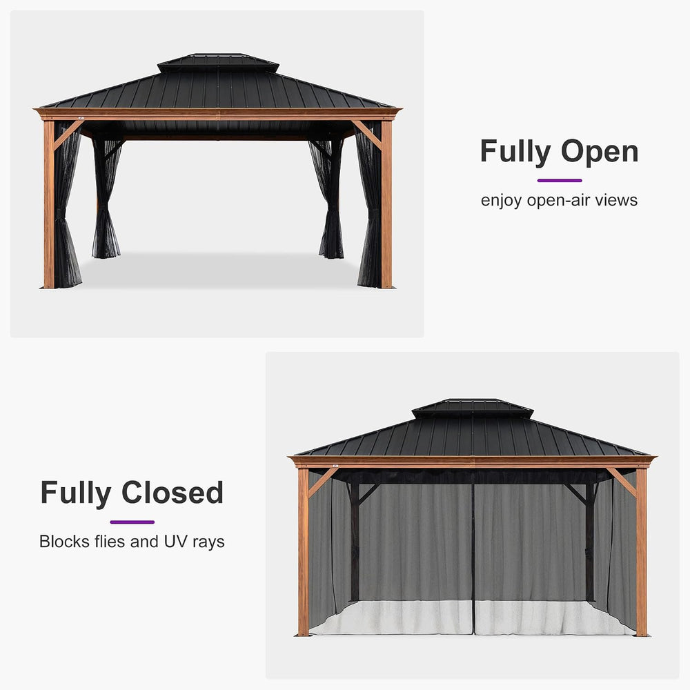PURPLE LEAF Gazebo 12' x 14' with Drainage System, Wood Grain Frame