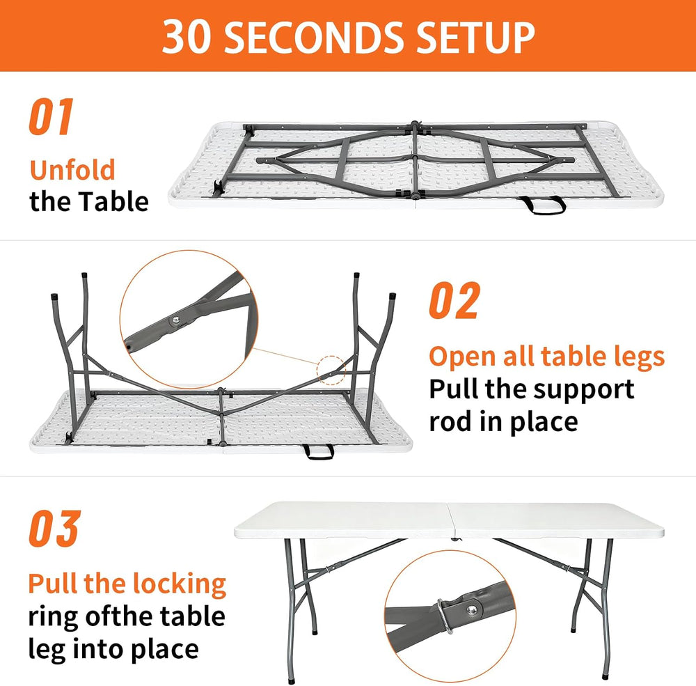 Folding Table 6ft, Heavy Duty Portable 6 Foot Foldable Table Plastic Large Fo...