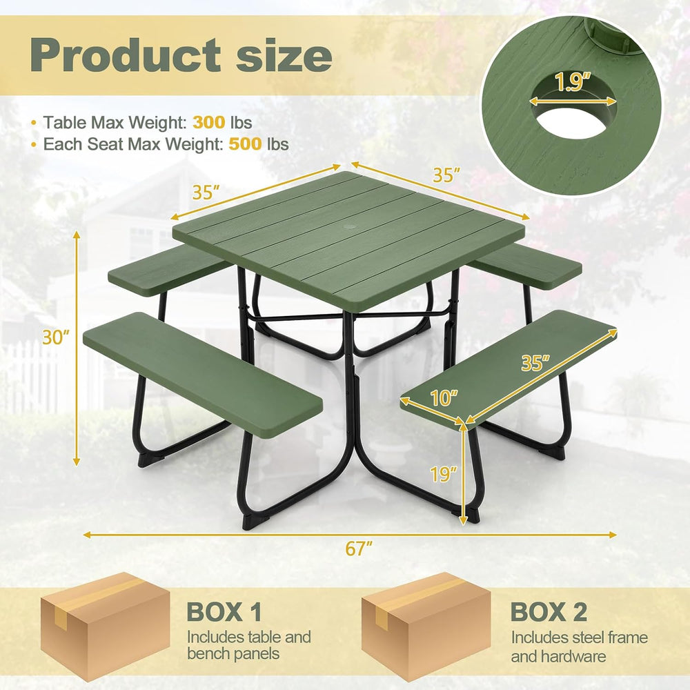 Tangkula 8 Person Picnic Table, Outdoor Square Picnic Table with 4 Built-in B...