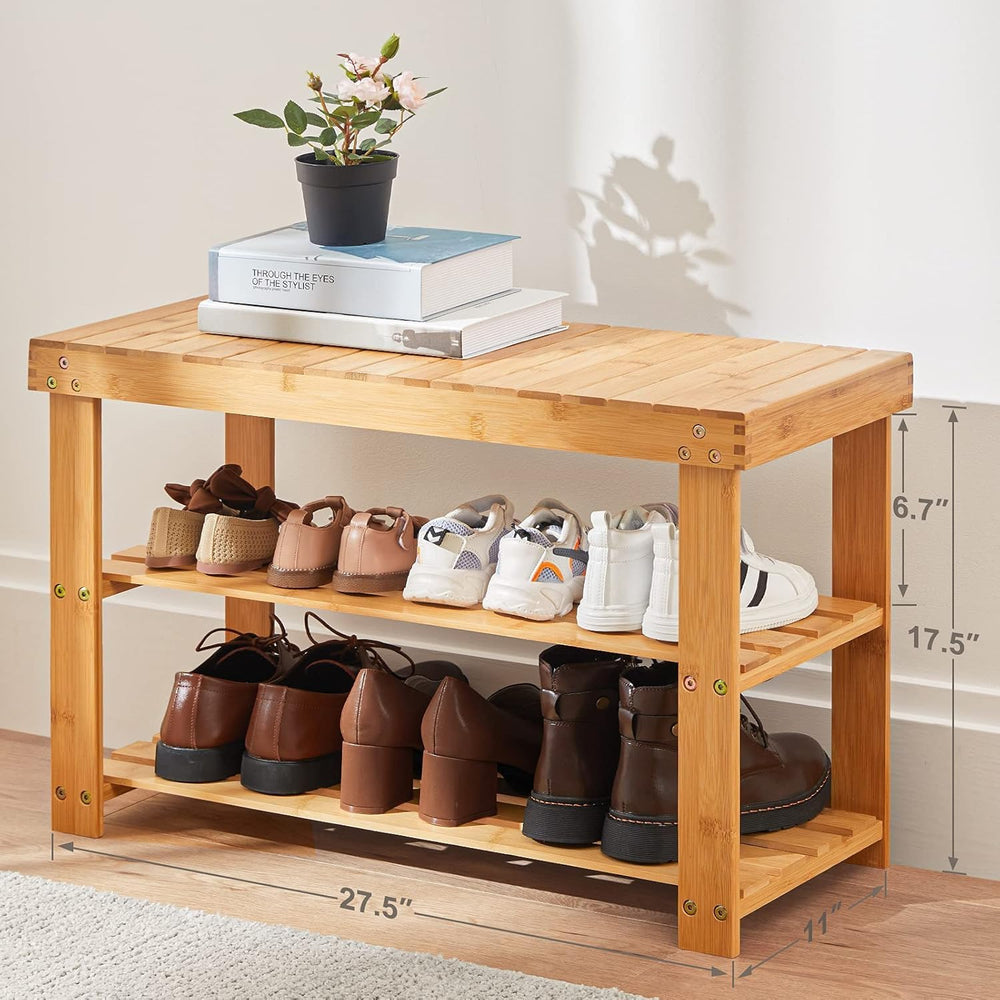 Pipishell 3 Tier Bamboo Shoe Rack Bench for Entryway, Natural