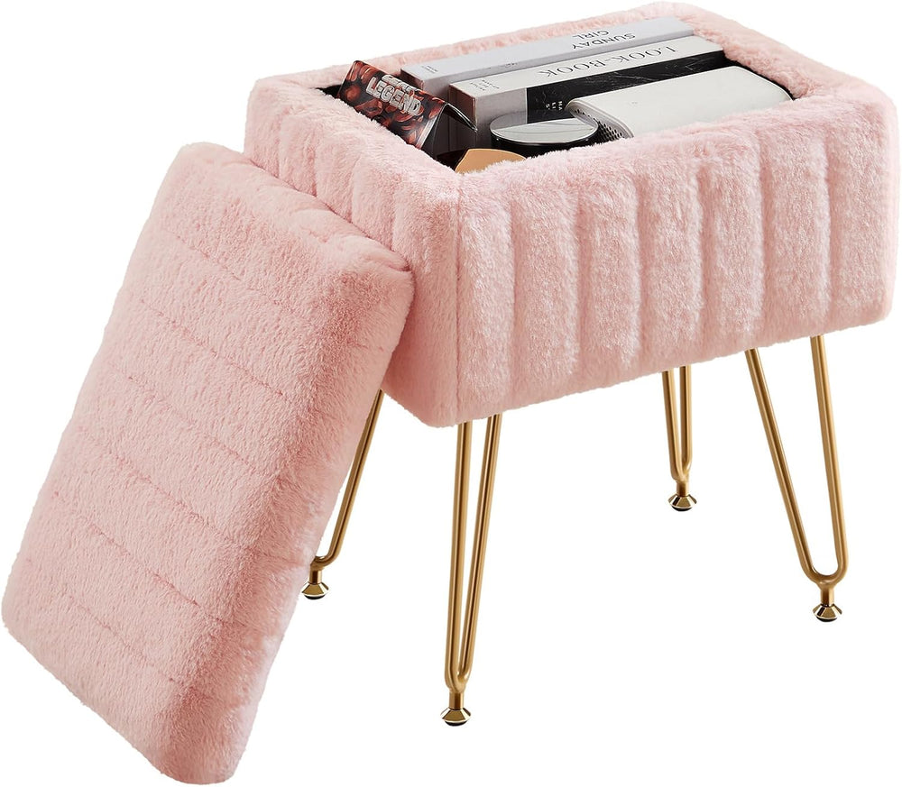 Sweetcrispy Vanity Stool Chair with Storage, 18.9”H x 16”L x 12.2”W Ottoman C...