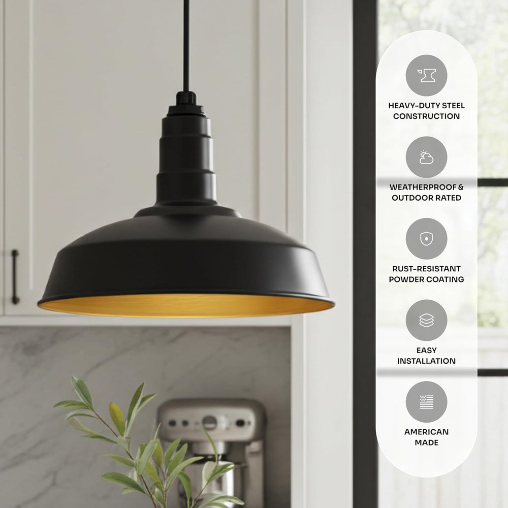 12" Sloped Stem Barn Light Pendant 16" Dome | Garage Workshop | Mat...