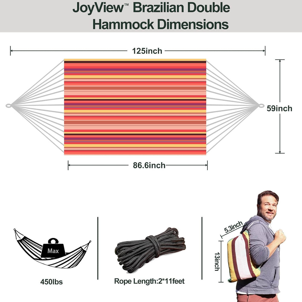 JoyView Brazilian Double Hammock with Hanging Ropes Extra Large 86.6x59” Port...