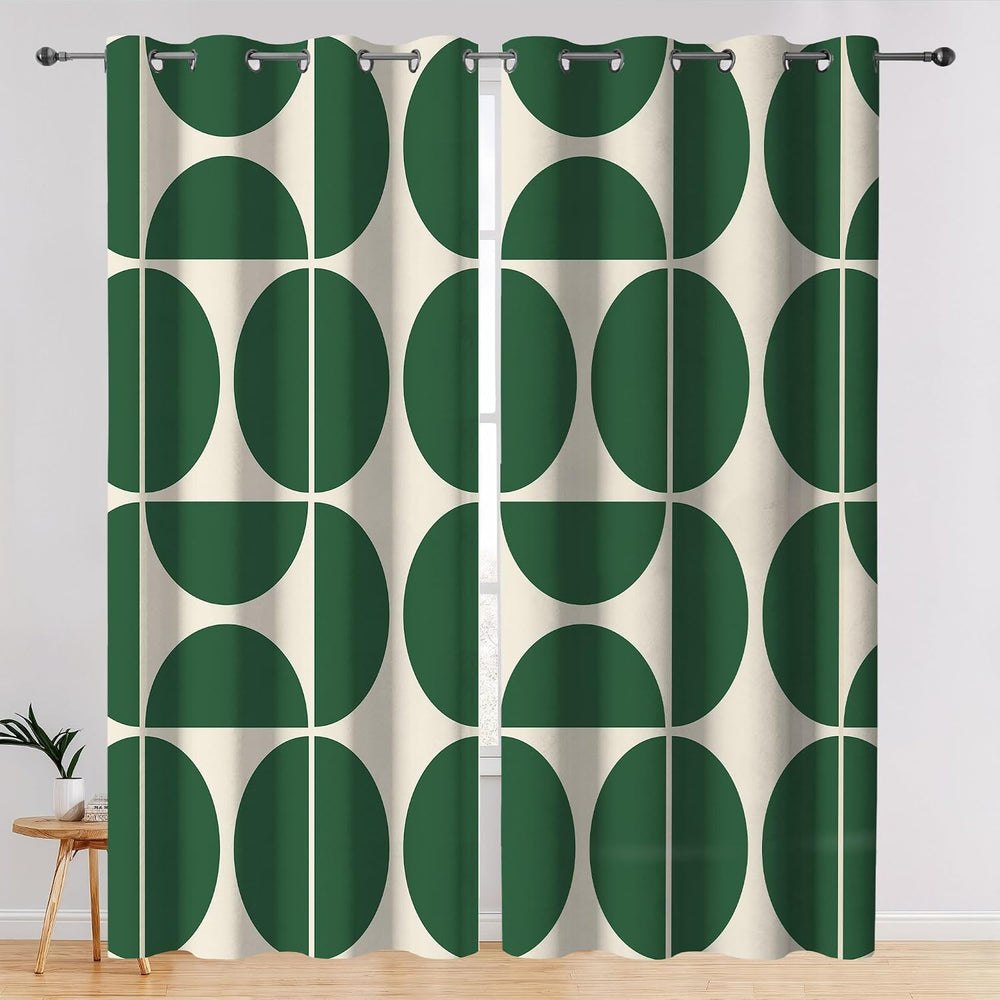 Green and Beige Modern Geometric Blackout Curtains, Mid Century Retro Abstrac...