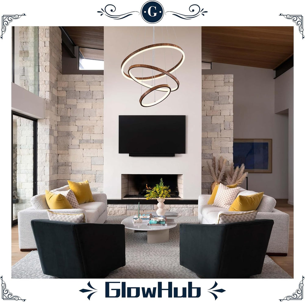 GlowHub 3-Ring Modern LED Chandelier, Wood Grain Round Dimmable Pendant Light...