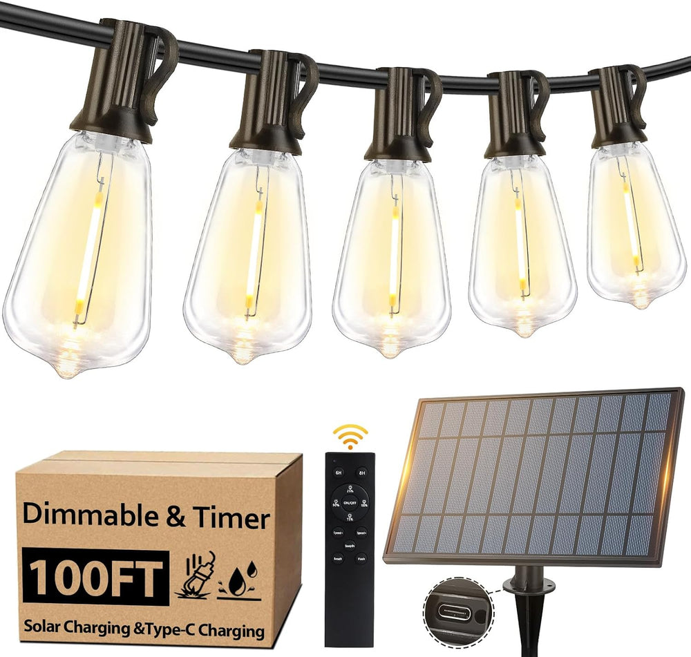 100FT Solar String Lights Outdoor Waterproof with 52 LED Edison Bulbs
