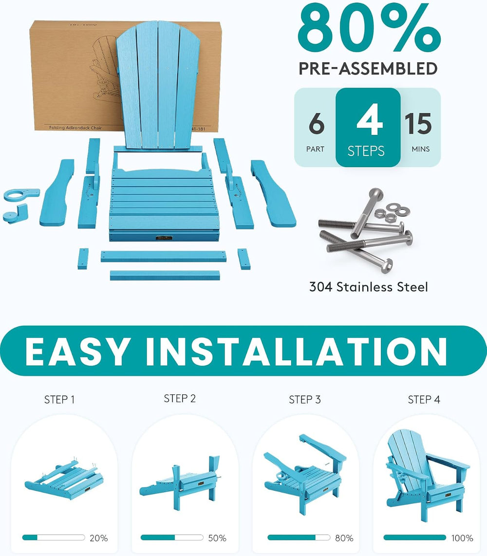 SERWALL Patio Folding Adirondack Chair Set of 2 with Cup Holder -Aruba Blue