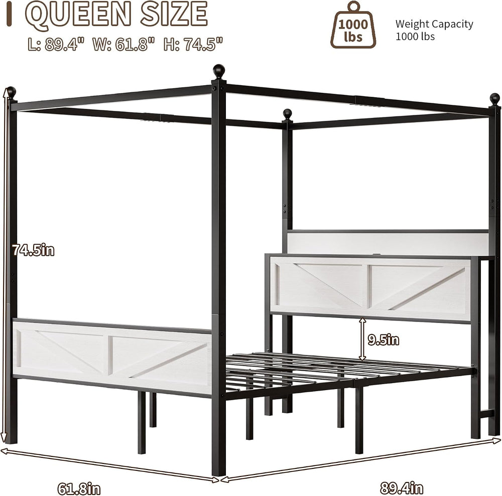Canopy Bed Frame Queen Size with Barn Storage Headboard, White