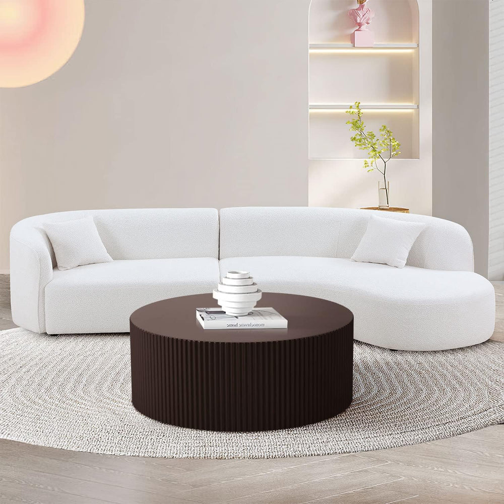 Brown Round Drum Coffee Tables for Living Room Contemporary Circle Coffee Tab...