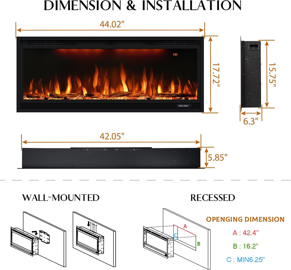 42 inch Smart Electric Fireplace WiFi-Enabled, Recessed &Wall Mounted Fir...