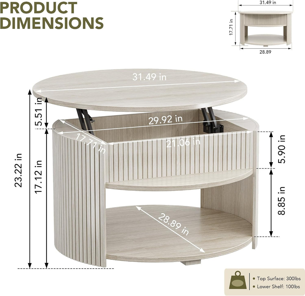 Round Lift Top Coffee Table with Storage, Fluted Mid-Century Modern Coffee Ta...
