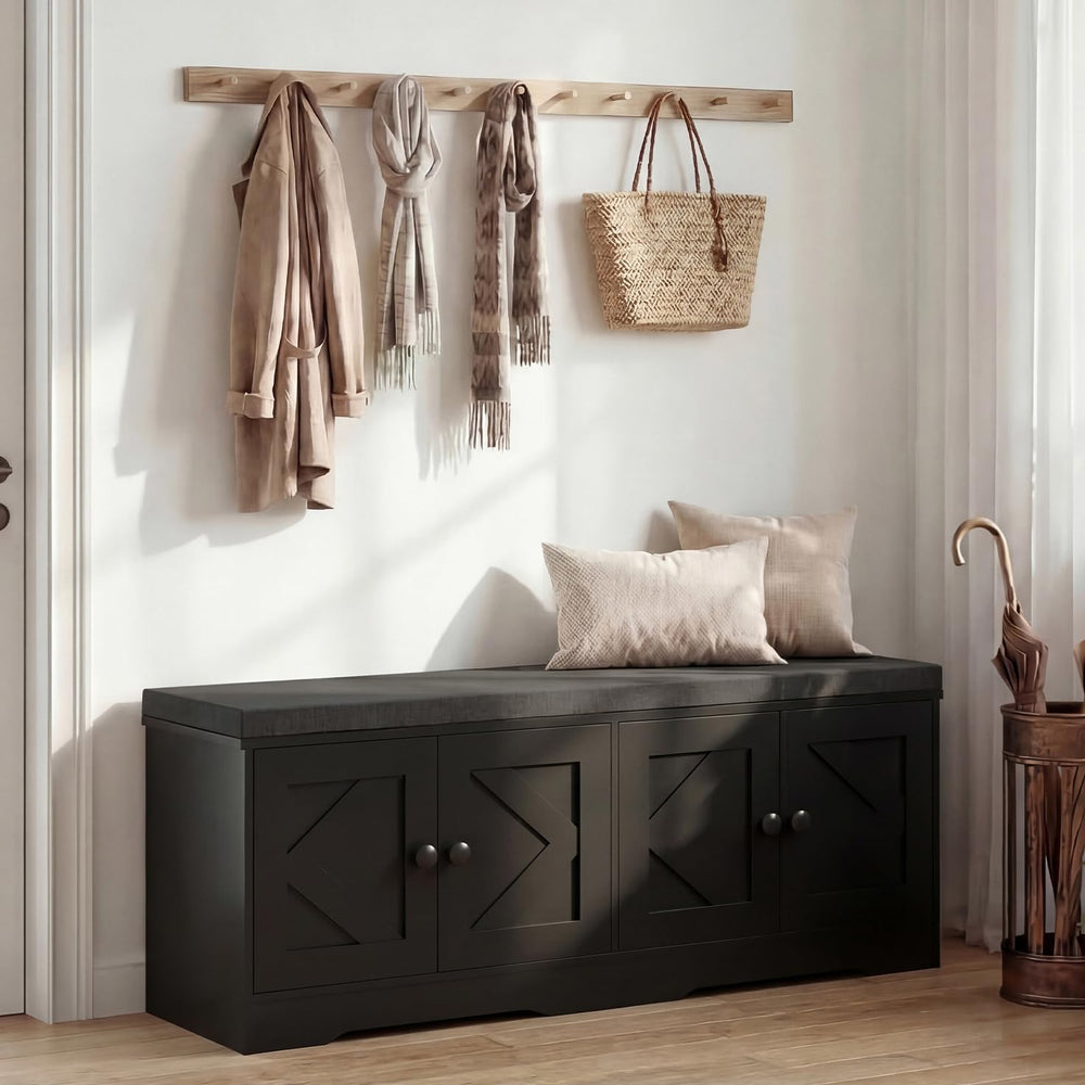 Apicizon Storage Bench with Seat Cushion, 2 Tier Entryway Bench with 4 Barn D...