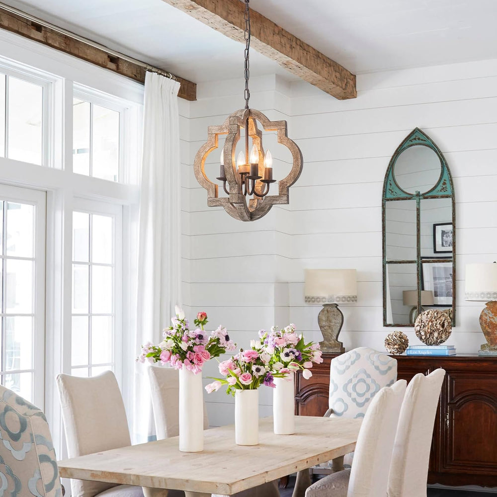 16" Farmhouse Chandelier Orb Distressed Wood Oak Dining Room Light Fixture