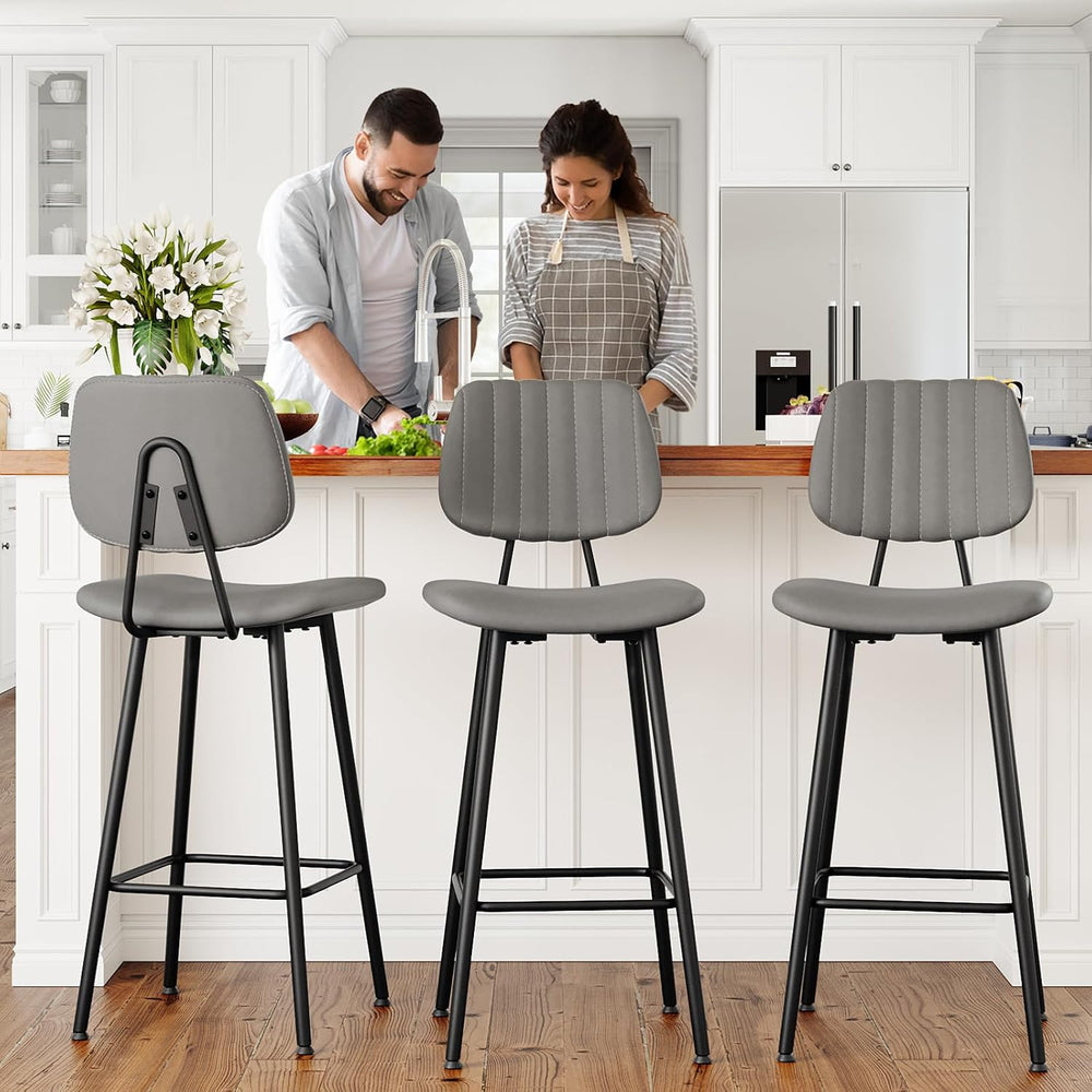 Raynesys 29-Inch Leather Bar Stools Set of 3 with High Backrest, Grey