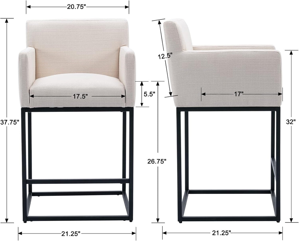 HNY Modern Counter Height Bar Stools Set of 2, 26 Inch Cream Linen Barstool