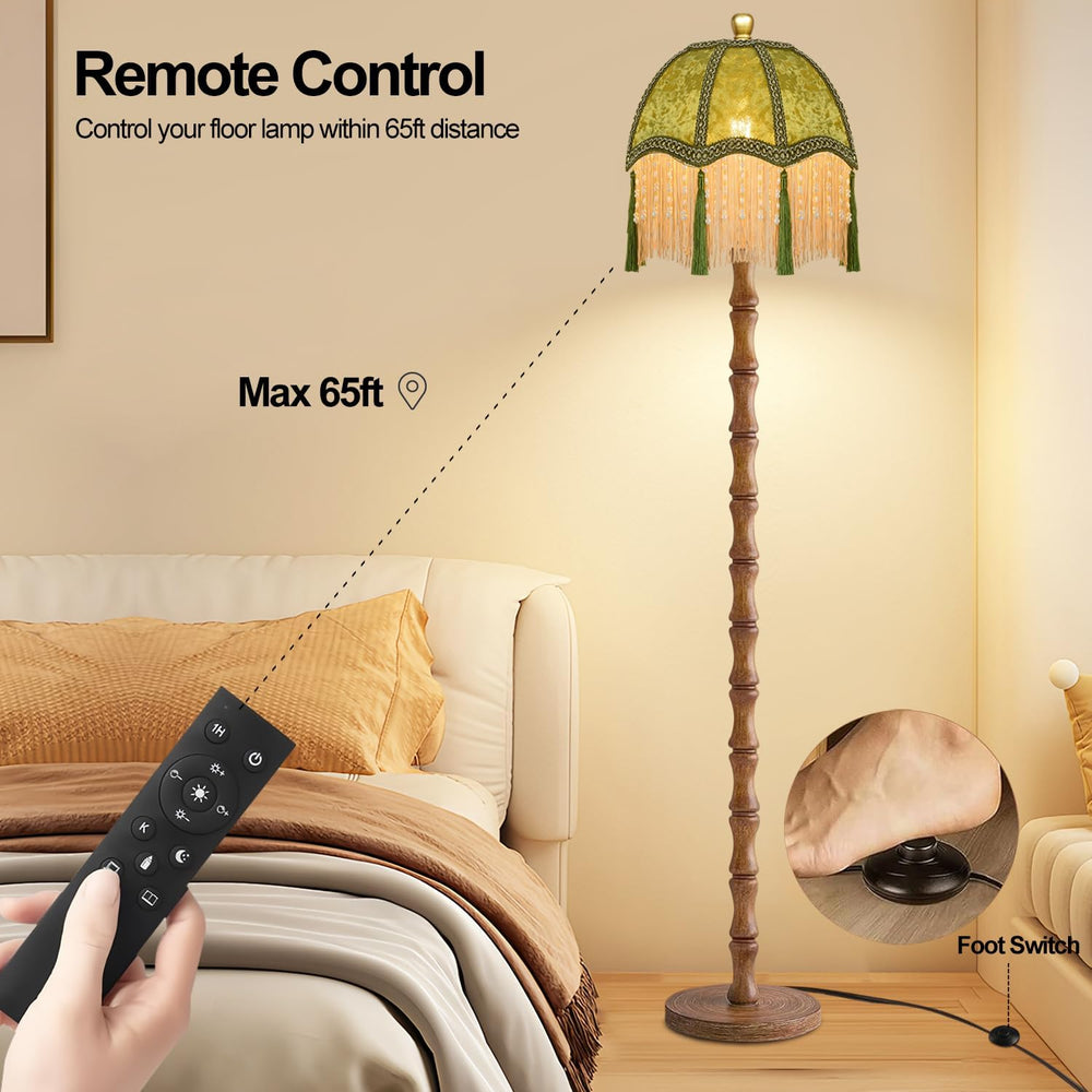 ZECOXOL Wood Floor Lamps for Living Room Boho Rustic Floor Lamp with Remote C...