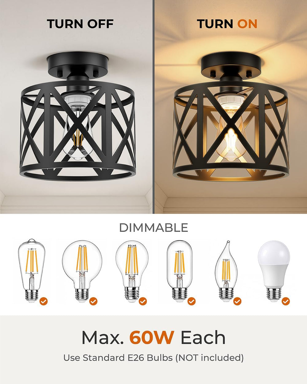 BLNAN 2Pack Farmhouse Semi Flush Mount Ceiling Light Fixture E26 8 Inch