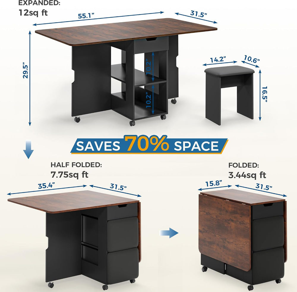 Mondeer 55" Folding Dining Table and Chairs Set 4, Cushioned Stools