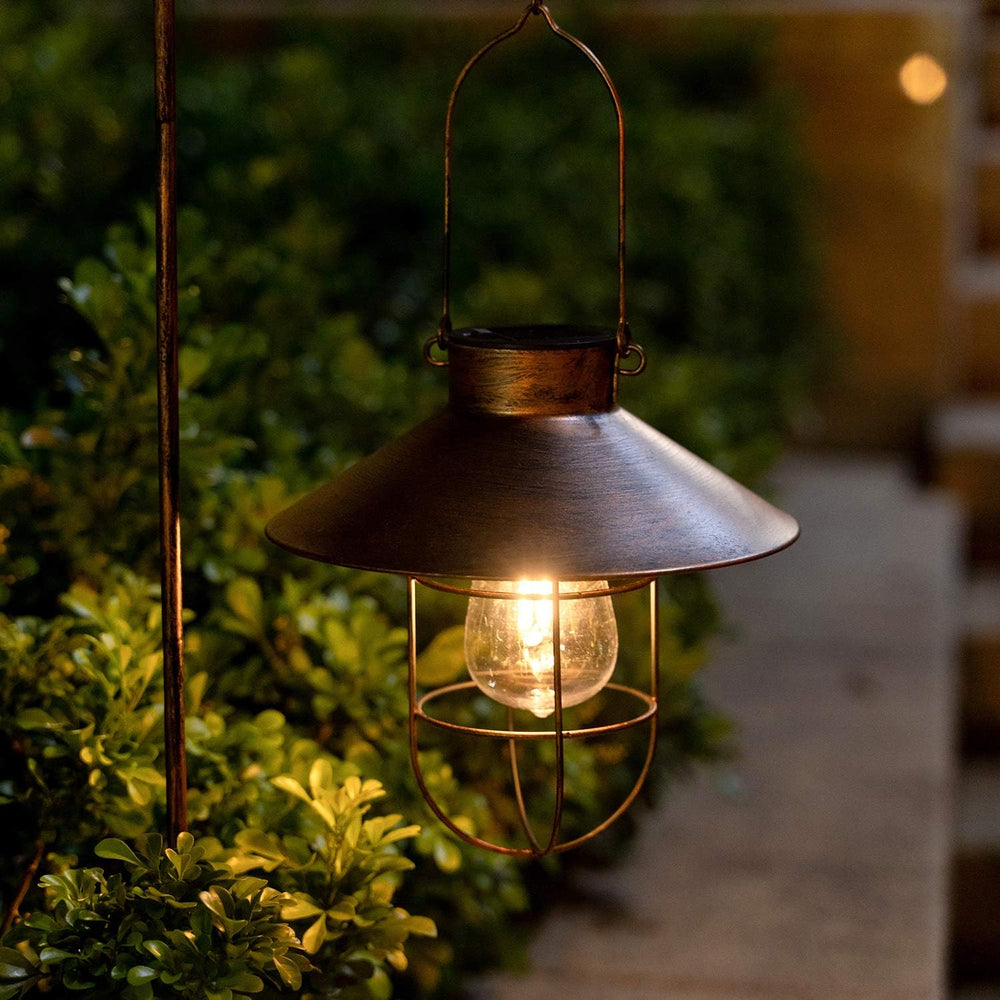 HUYIENO 2Pack Solar Metal Hanging Lantern with Shepherd Hook Outdoor Led Gard...