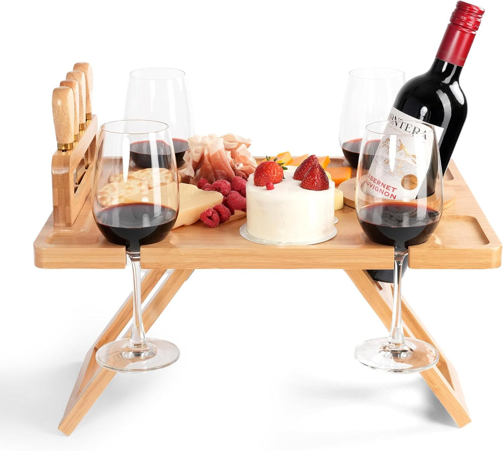 Charcuterie Picnic Table with Wine Glass Holder, Portable Wine & Cheese B...