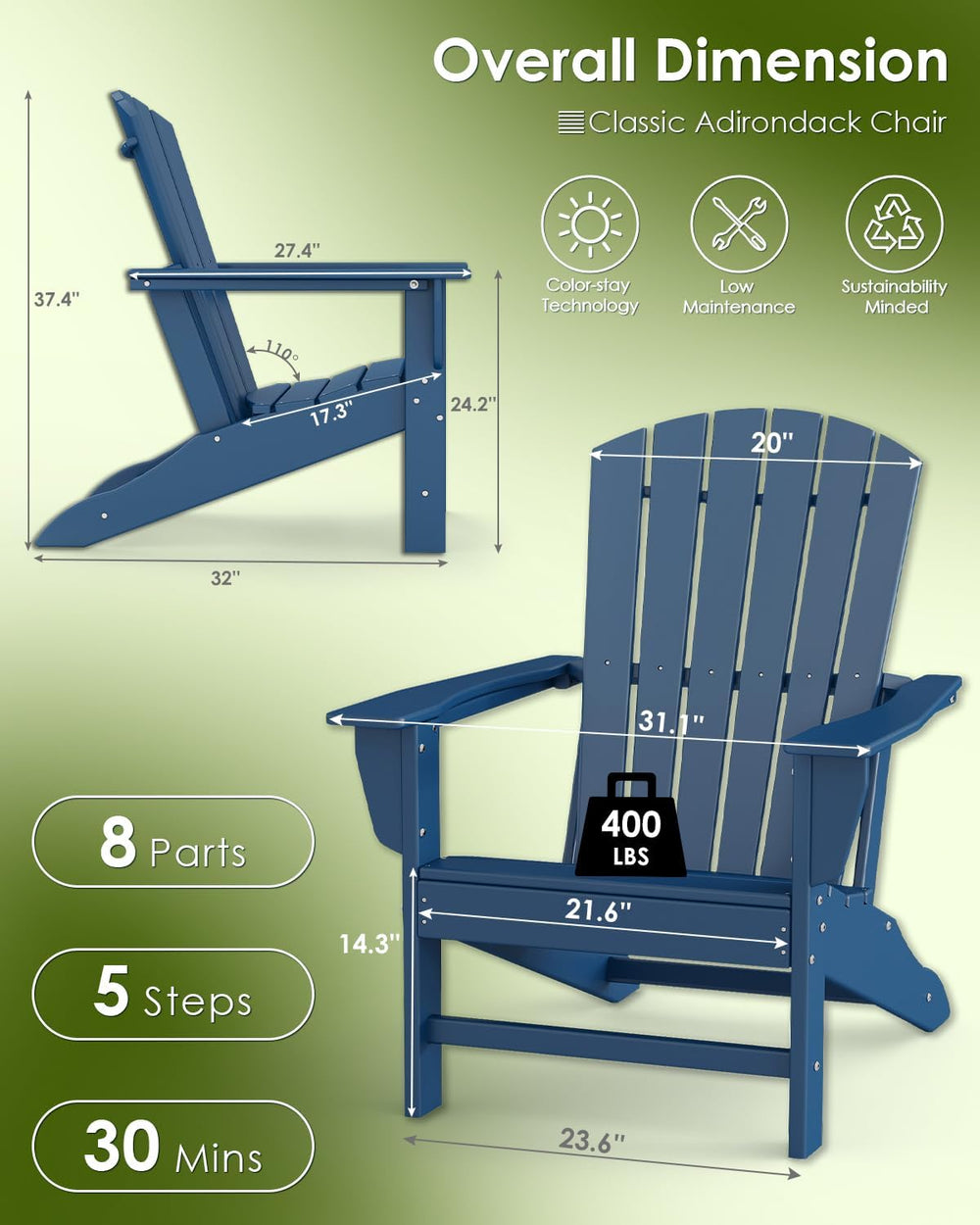 GREENVINES Oversized Adirondack Chairs Set of 6, All Weather HDPE, Blue