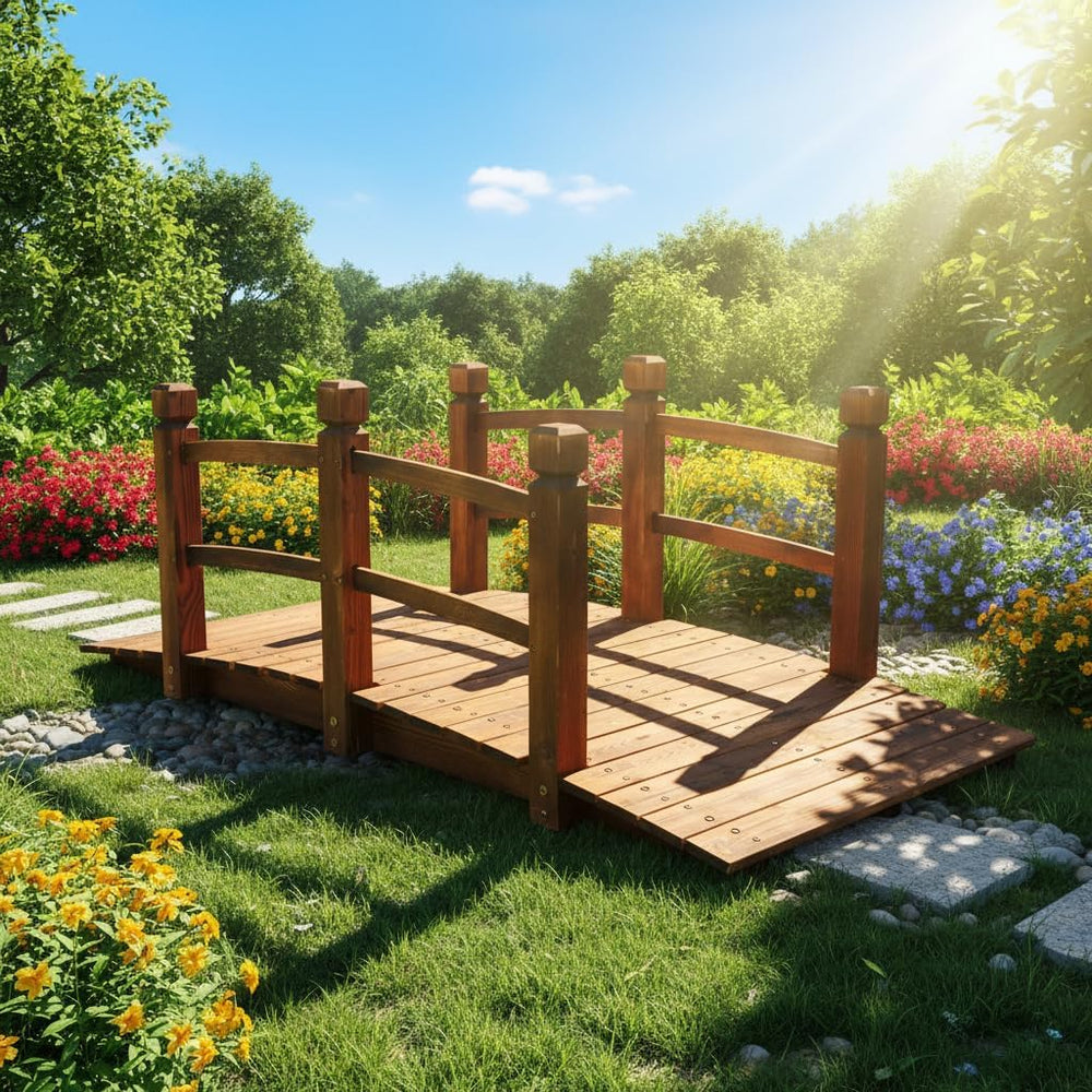 5FT Wooden Garden Bridge with Handrails, Decorative Landscape Footbridge for ...