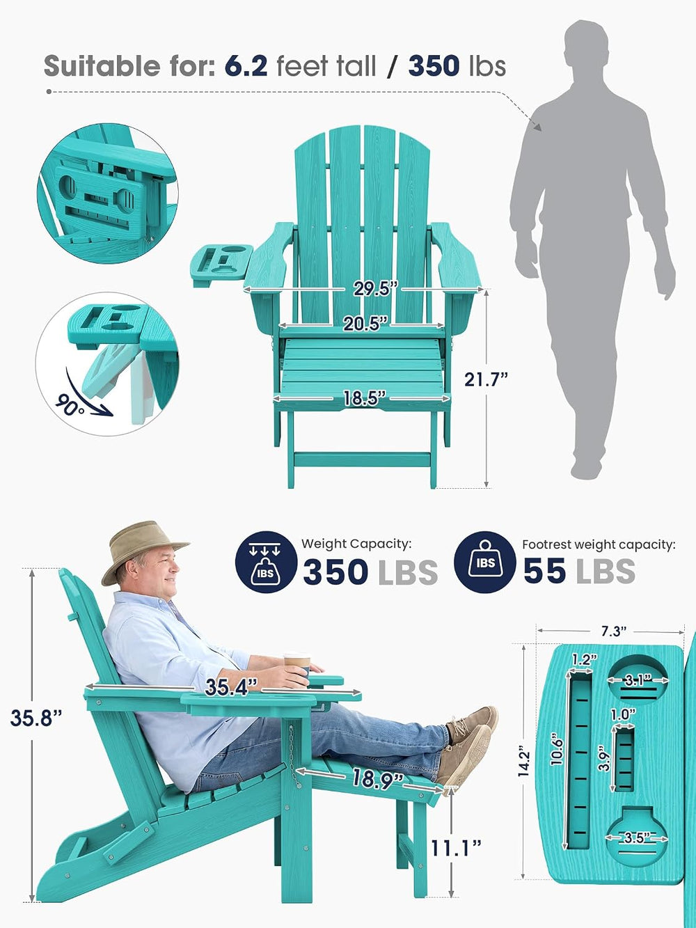 KINGYES Adjustable Folding Adirondack Chair with Footrest & 4-in-1 Multi-...