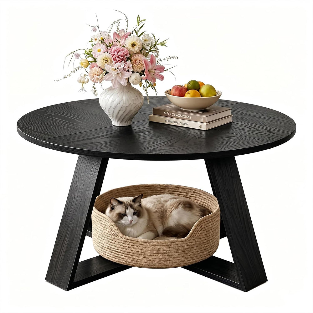 HAIOOU Round Coffee Table for Living Room with Open Storage Black Wooden