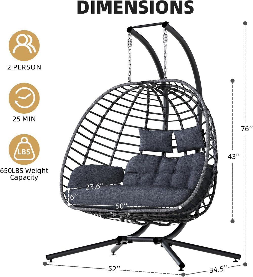Double Egg Swing Chair with Stand, Outdoor 650LBS, Dark Gray