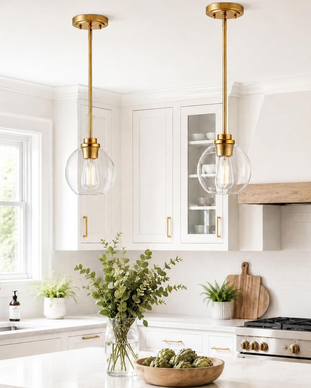 Brass Pendant Lights Kitchen Island 2 Pack, Farmhouse Gold Pendant Light with...