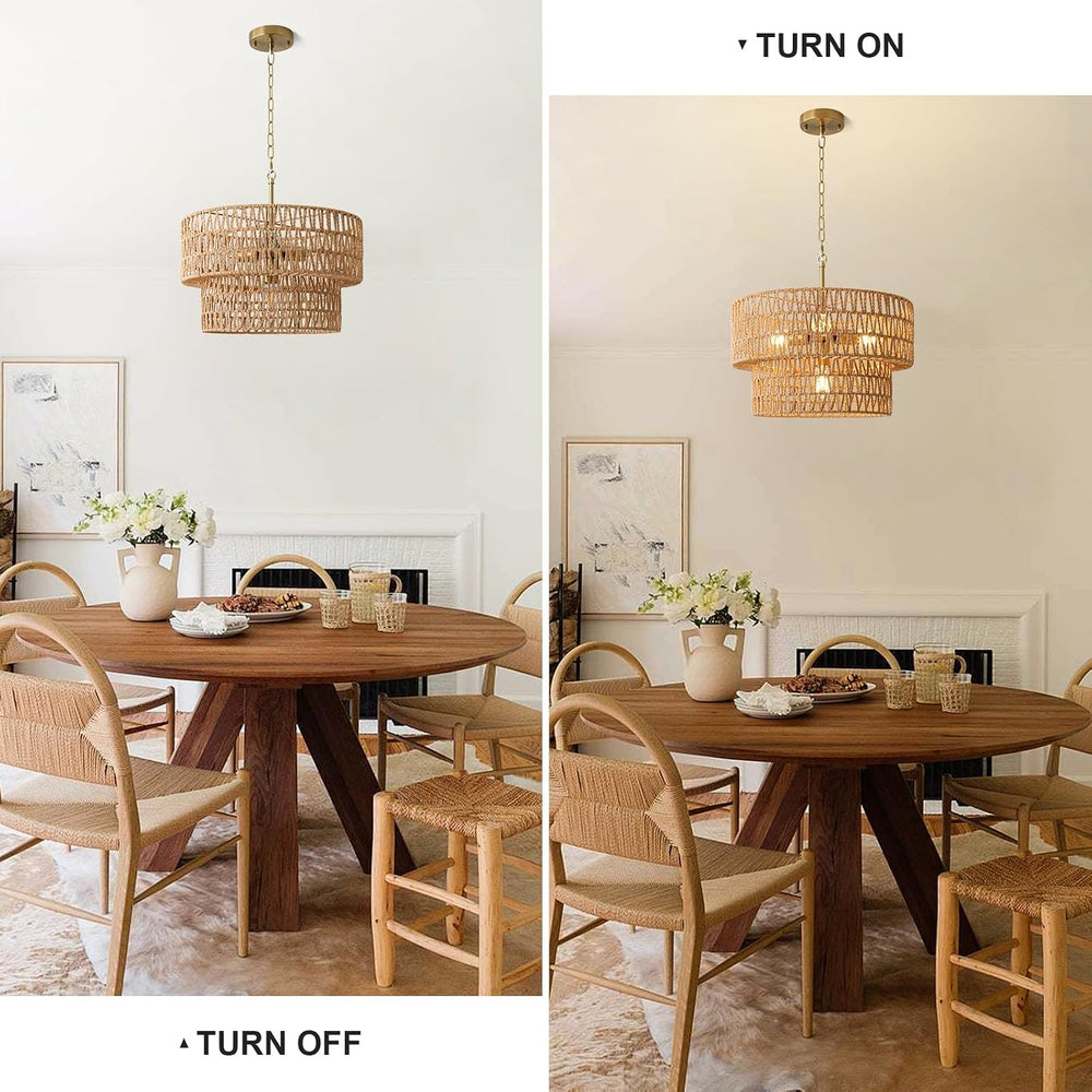 17.8" Boho Rattan Chandelier Light Fixtures, 4-Light Rattan Pendant Light