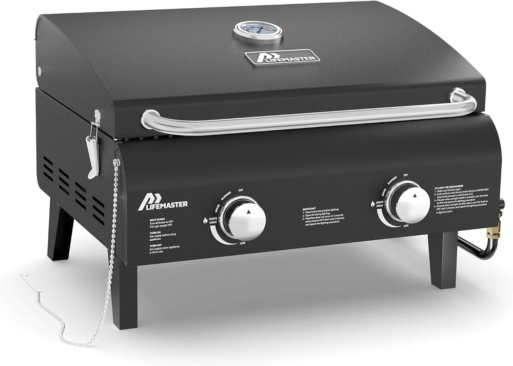 Black Portable Gas Grill, Dual 10,000 BTU Burners, 275 Sq.In Cooking Space, P...