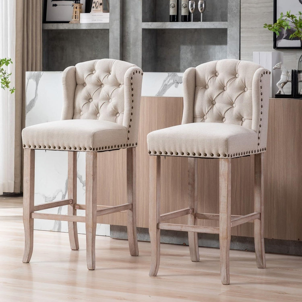 Classic 30" Linen Bar Stools Set of 2, Button Tufted Wingback Tall Bar C...