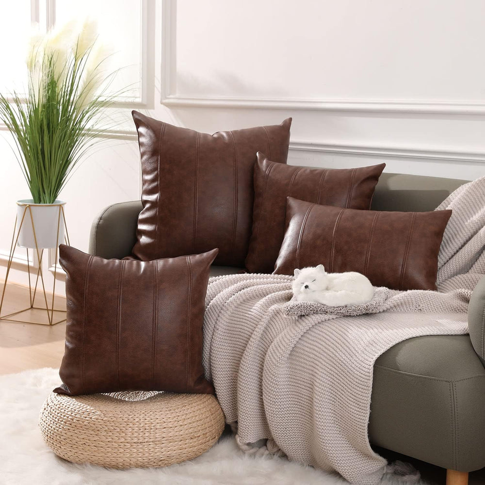 Yaertun Set of 2 Faux Leather Stripe Decorative Throw Pillow Covers Modern So...