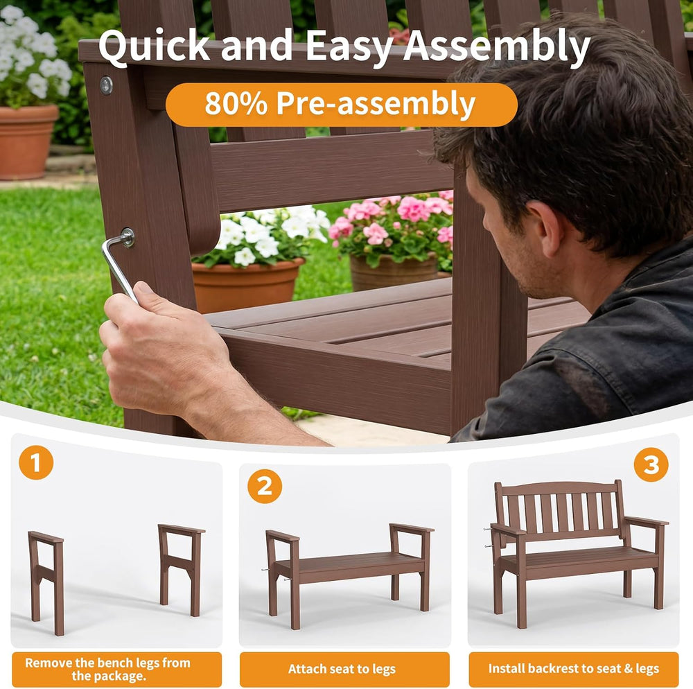 Psilvam 2-Person Poly Lumber Outdoor Garden Bench 700 Lbs Capacity, Brown