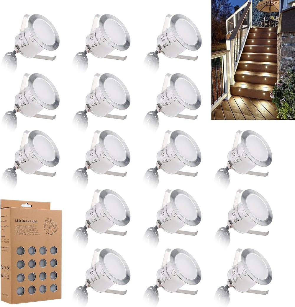 16 Pack Recessed LED Deck Light Kits, 32mm Warm White, IP67 Waterproof 12V Lo...