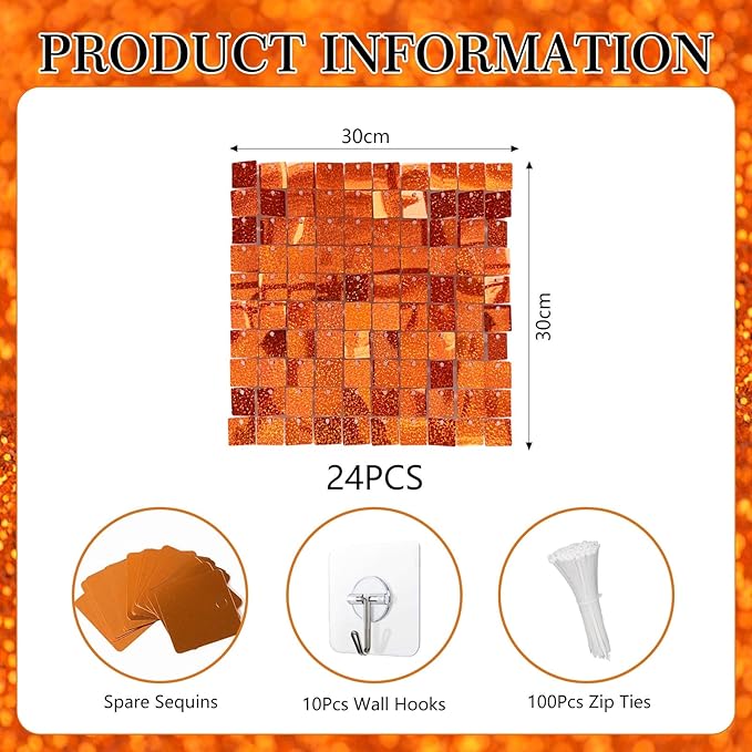 24PCS Orange Shimmer Wall Backdrop, Laser Square Sequin Photo Backdrops Panel...
