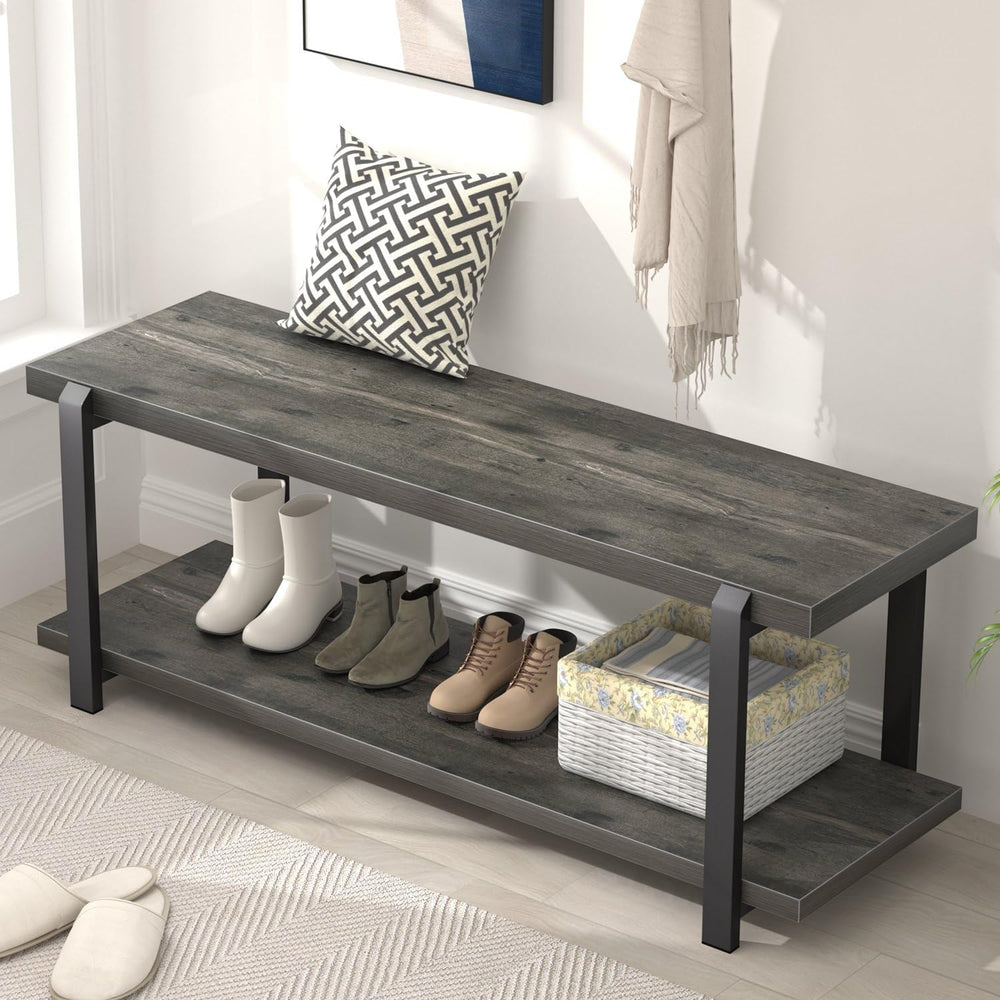 EXCEFUR Industrial Entryway Bench with Storage, Rustic Wood and Metal Shoe Ra...