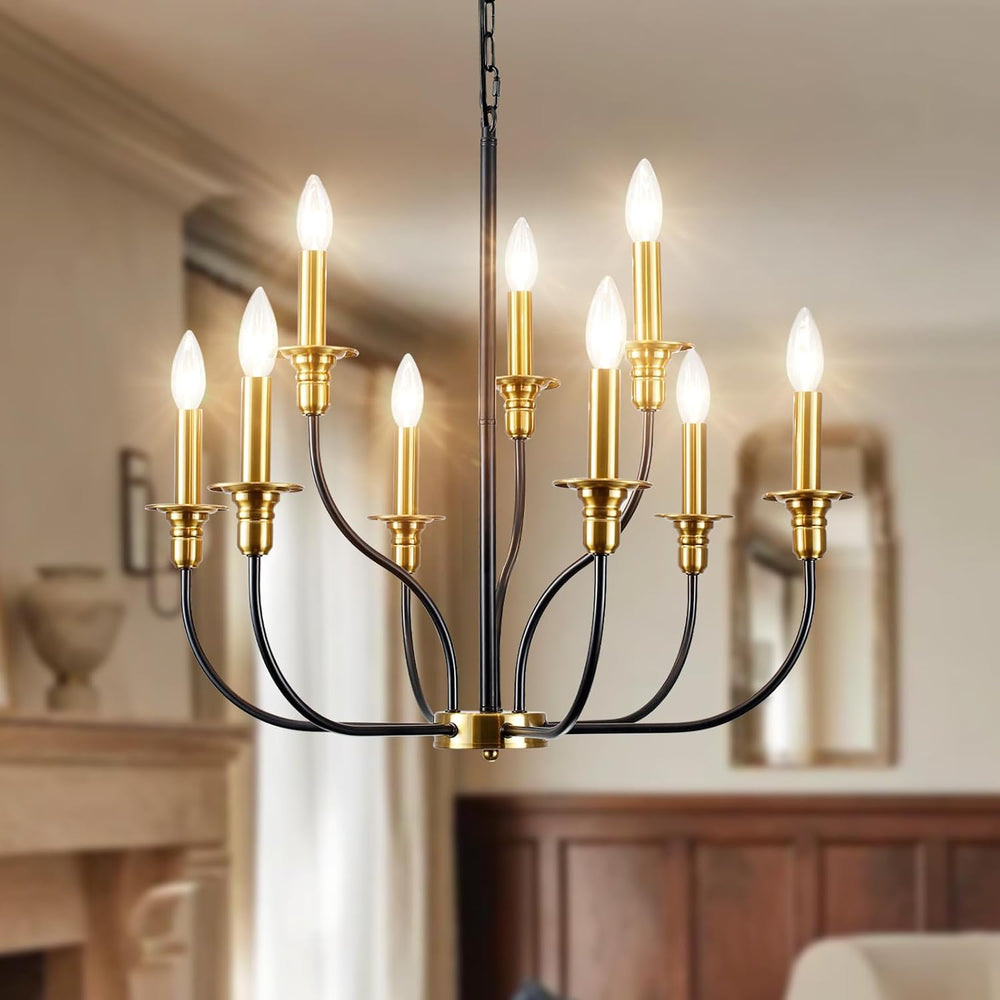 9-Lights Black and Gold Chandelier, 2-Tier Farmhouse Chandeliers 25.98"
