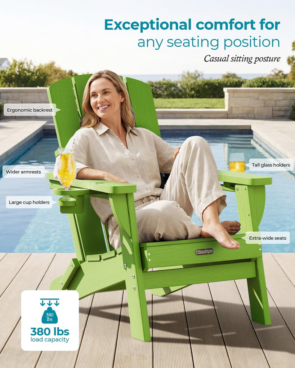 Folding Adirondack Chairs Set of 2, HDPE, 2 Cup Holders, Lime